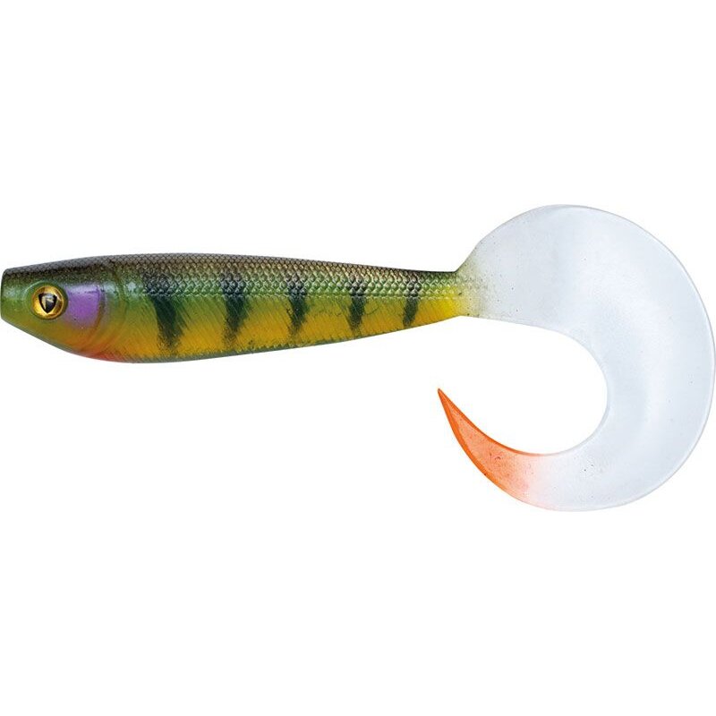 FOX RAGE Pro Grub 10cm UV Stickleback lure with a green and yellow body, realistic fish design, and a white curly tail with an orange tip.