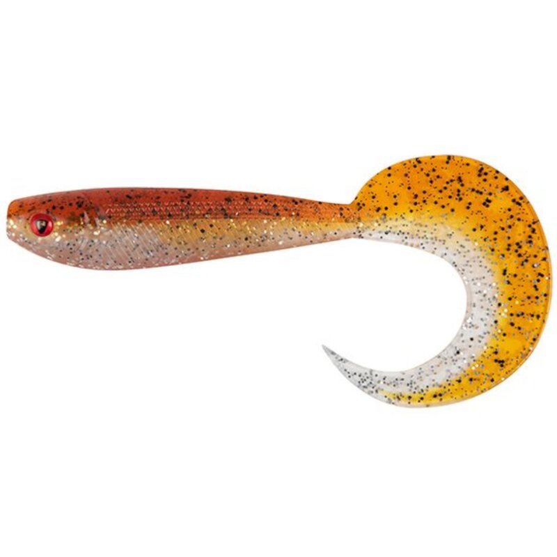 FOX RAGE Pro Grub 10cm UV Tinsel lure with a vibrant orange and yellow body, glitter accents, and a curled tail for fishing.