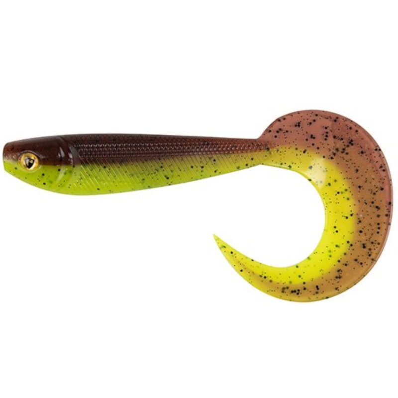 FOX RAGE Pro Grub 12cm 11g UV Green Pumpkin lure featuring a curled tail design, green and brown color with black speckles, ideal for fishing.