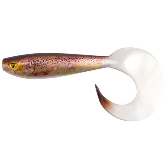 FOX RAGE Pro Grub 8cm 3g lure in Supernatural Brown Trout design with realistic fish details and a curled tail for fishing.