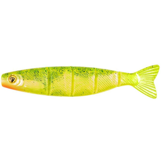 FOX RAGE Pro Shad Jointed 14cm 26g UV Lemon Tiger lure with vibrant yellow-green body, orange head, and realistic fish design for predator fishing.