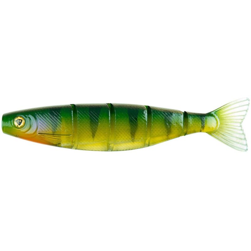 FOX RAGE Pro Shad Jointed 14cm 26g UV Stickleback lure with green and yellow gradient design, segmented body, and lifelike details.