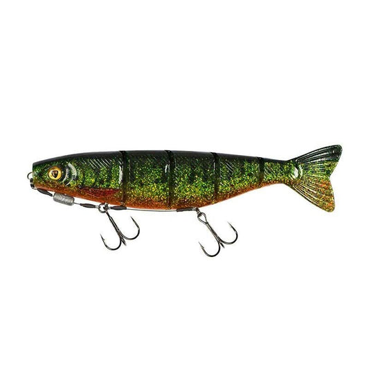 FOX RAGE Pro Shad Jointed Loaded 23cm 107g UV Pike lure with lifelike green and brown design, segmented body, and treble hooks.