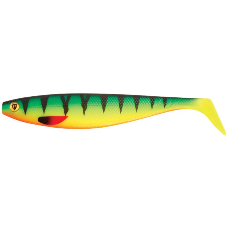 FOX RAGE Pro Shad Natural Classic II 28cm 84g Fire Tiger lure with vibrant green, yellow, and orange design featuring black stripes and a paddle tail.