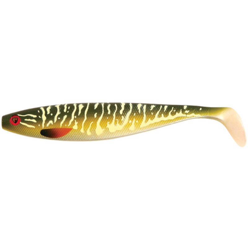 FOX RAGE Pro Shad Natural Classic II 28cm 84g Pike lure with lifelike green and yellow pattern, red eye detail, and paddle tail design for predator fishing.