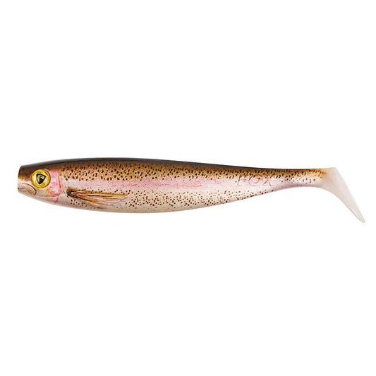 FOX RAGE Pro Shad Super Natural 14cm Rainbow Trout lure featuring realistic rainbow trout design with detailed coloration and paddle tail.