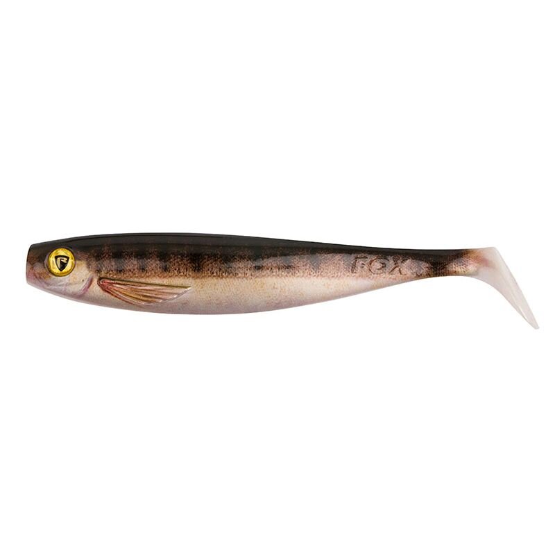 FOX RAGE Pro Shad Super Natural 14cm Zander lure with realistic fish design, featuring a natural zander color pattern and paddle tail.