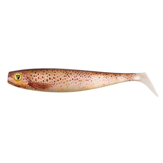 FOX RAGE Pro Shad Super Natural 18cm Brown Trout lure featuring a lifelike brown trout design with red spots and a paddle tail for realistic movement.