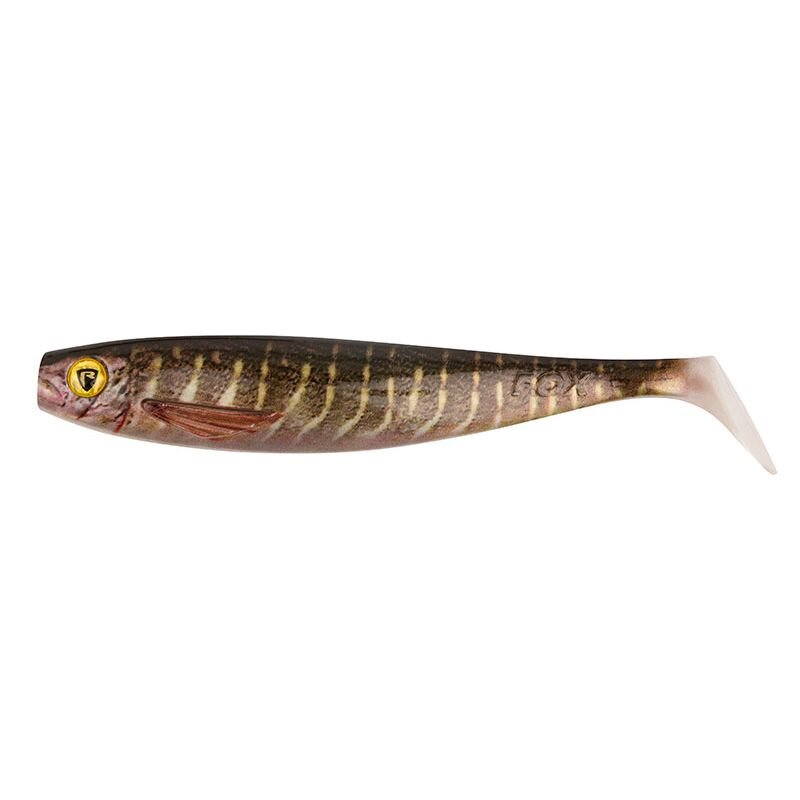 FOX RAGE Pro Shad Super Natural 18cm Pike lure with realistic pike pattern, paddle tail design, and lifelike detailing for predator fishing.