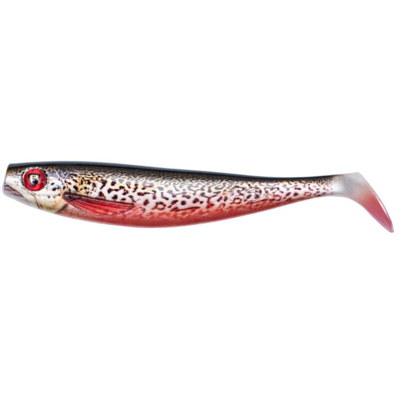 FOX RAGE Pro Shad Super Natural 18cm Tiger Trout lure featuring realistic tiger trout pattern with red accents and paddle tail design.