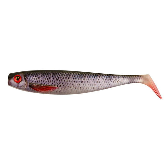 FOX RAGE Pro Shad Super Natural 28cm Roach lure with realistic roach design, featuring lifelike scales, red fins, and a paddle tail.