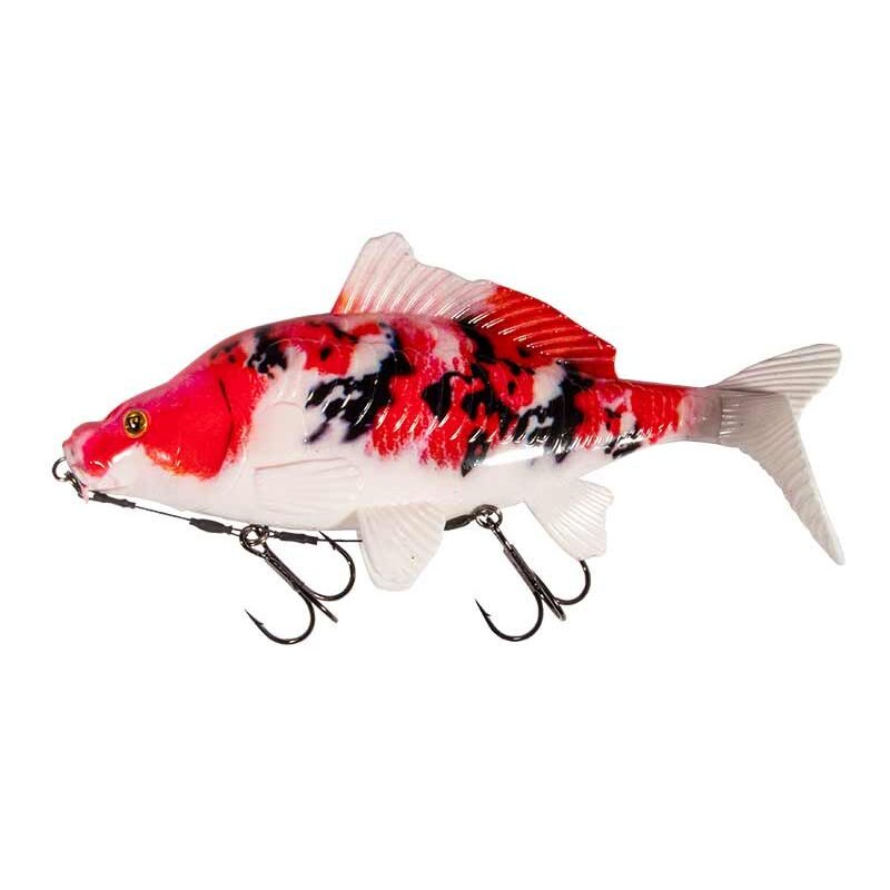 FOX RAGE Realistic Replicant 23cm 198g Koi Carp lure with vibrant red, black, and white koi design, featuring dual treble hooks for fishing.