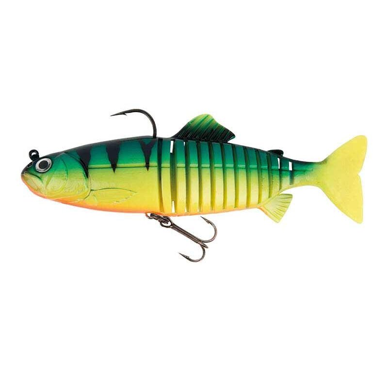 FOX RAGE Replicant Jointed 20cm 120g Fire Tiger UV lure with vibrant green, yellow, and orange design, featuring jointed body and treble hooks for predator fishing.