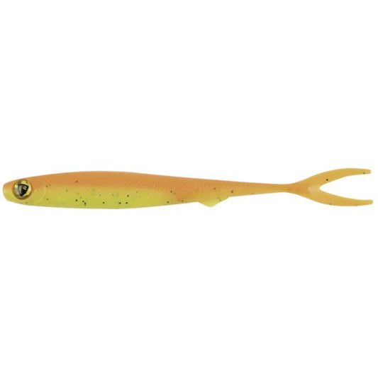 FOX RAGE Slick Finesse 11cm UV Orange Chartreuse lure with a slim body, forked tail, and vibrant orange-to-chartreuse gradient design for fishing.