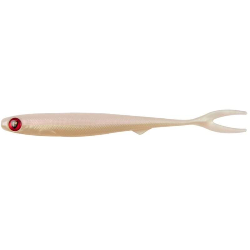 FOX RAGE Slick Finesse 11cm UV Pearl lure with a slim, soft body design and forked tail, ideal for predator fishing.