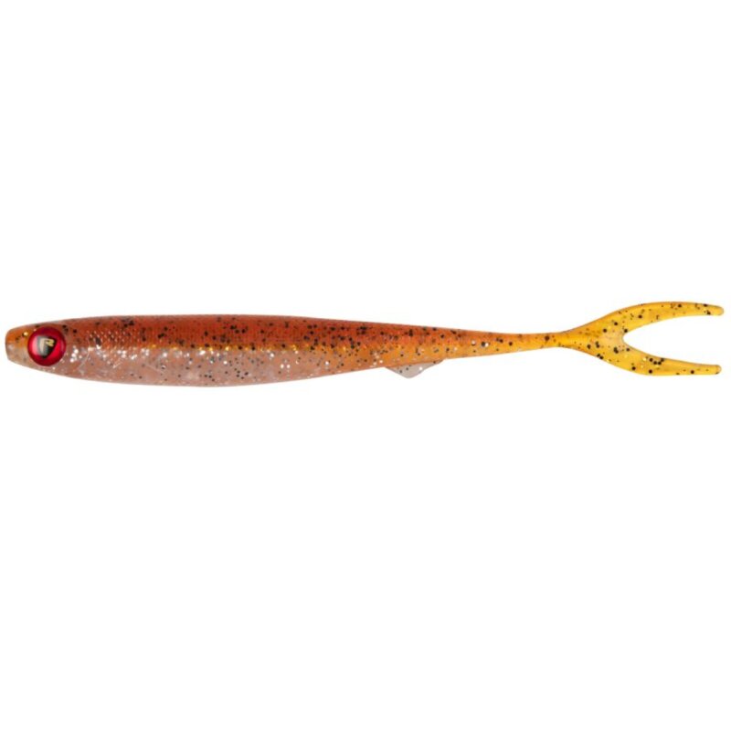 FOX RAGE Slick Finesse 11cm UV Tinsel Oil lure featuring a slim profile, orange and yellow gradient body, and glitter details for fishing.