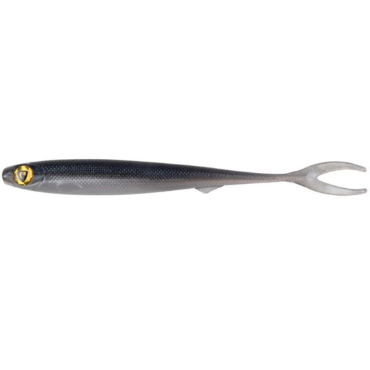 FOX RAGE Slick Finesse 13cm UV Arkansas lure featuring a sleek, dark body with a forked tail, ideal for predator fishing.