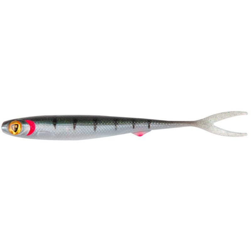 FOX RAGE Slick Finesse 13cm UV Young Perch lure featuring a realistic perch design with UV-enhanced colors and a forked tail for fishing.