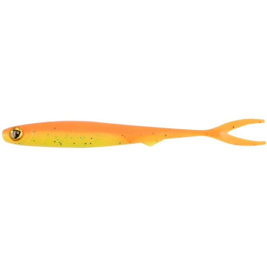 FOX RAGE Slick Finesse 20cm UV Orange Chartreuse lure featuring a vibrant orange and chartreuse body with a forked tail, ideal for predator fishing.