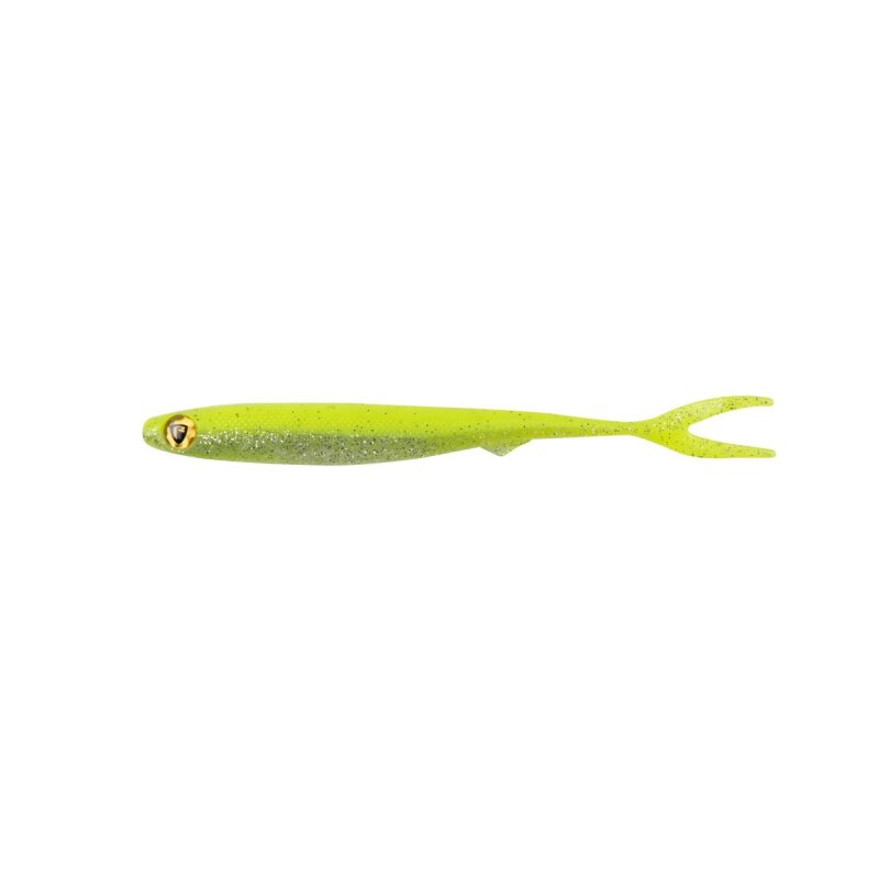 FOX RAGE Slick Finesse Super Soft 9cm UV Chartreuse Ayu lure with a vibrant yellow-green body, glitter accents, and a forked tail, ideal for fishing.