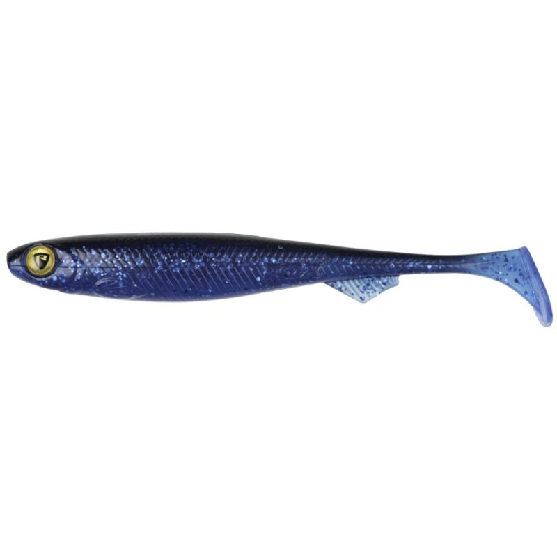 FOX RAGE Slick Shad 11cm 8g Ultra UV Blue Flash lure with realistic fish design, blue body, and paddle tail for predator fishing.