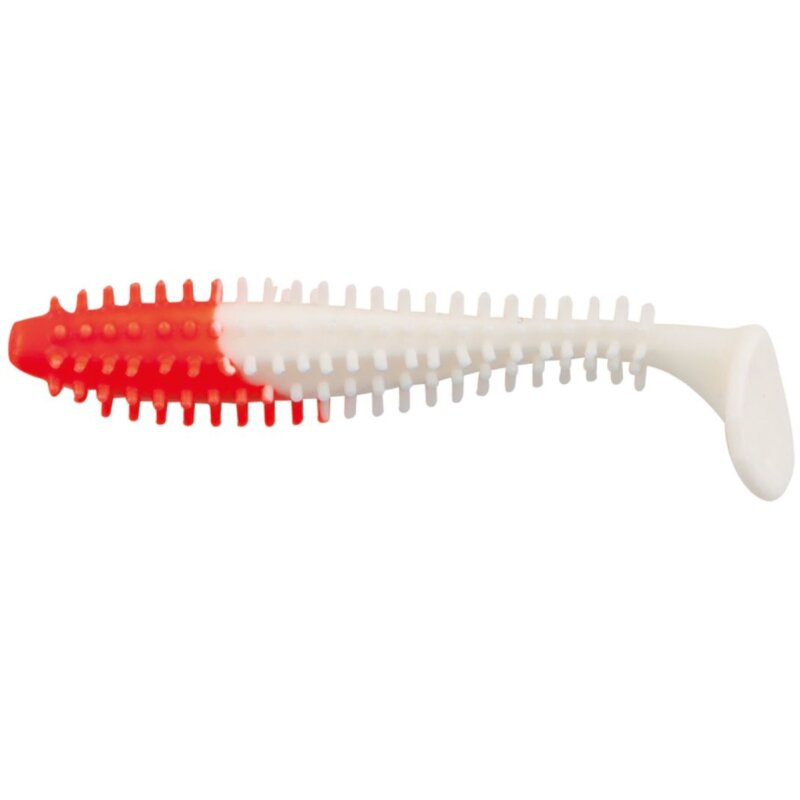 FOX RAGE Spikey Shad 6cm Ultra UV Red Head lure with spiked texture, red head, and white body for enhanced fishing performance.