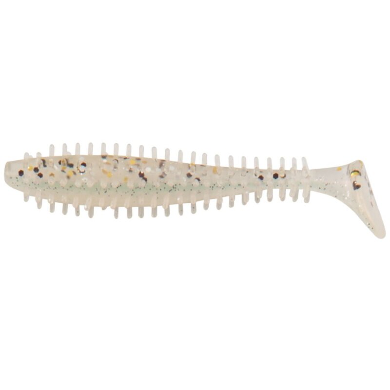 FOX RAGE Spikey Shad 6cm Ultra UV Salt ´n Pepper lure with spiked texture and transparent body featuring black and gold speckles, ideal for fishing.