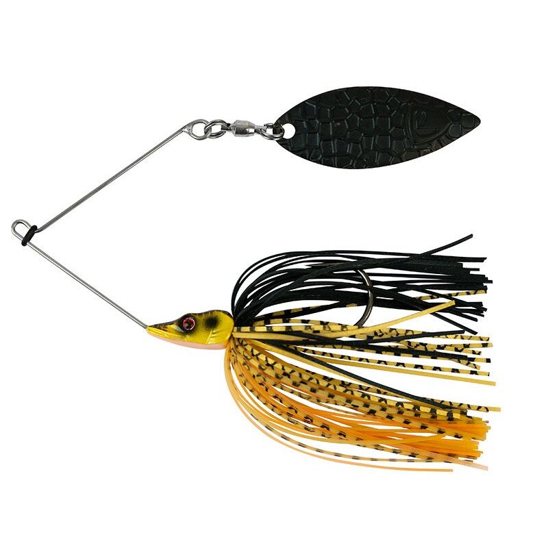 FOX RAGE Spinnerbait 7g Black & Gold featuring a black blade and gold skirt with black speckles, ideal for predator fishing.