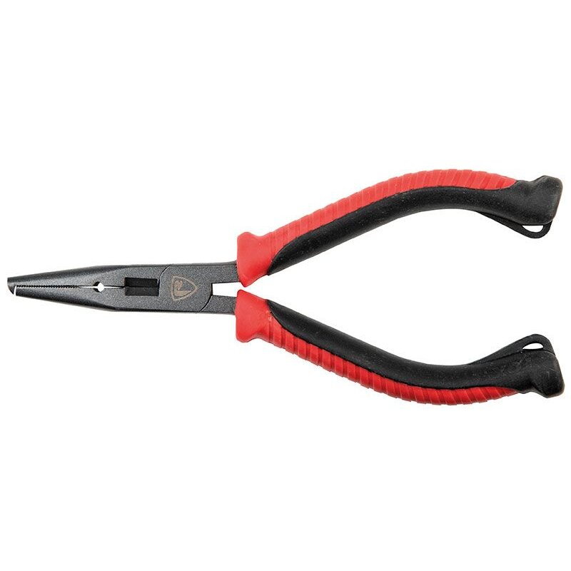 FOX RAGE Split Ring Pliers 5-inch with red and black ergonomic handles, ideal for terminal tackle adjustments and fishing gear maintenance.