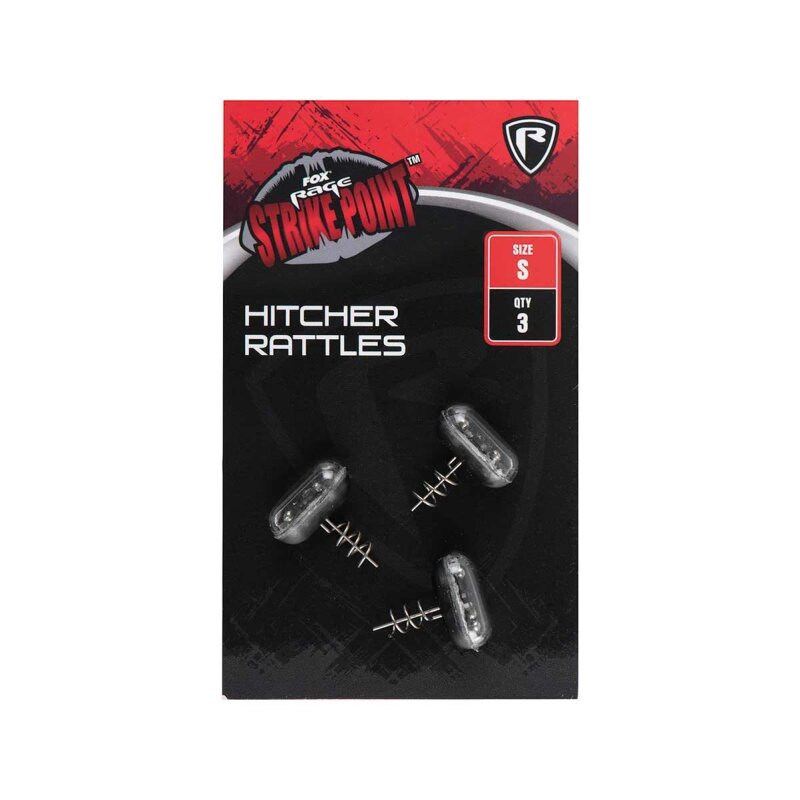 FOX RAGE Strike Point Hitcher Rattle Small 3Stk. fishing lures in size small, packaged in a red and black design with three pieces included.