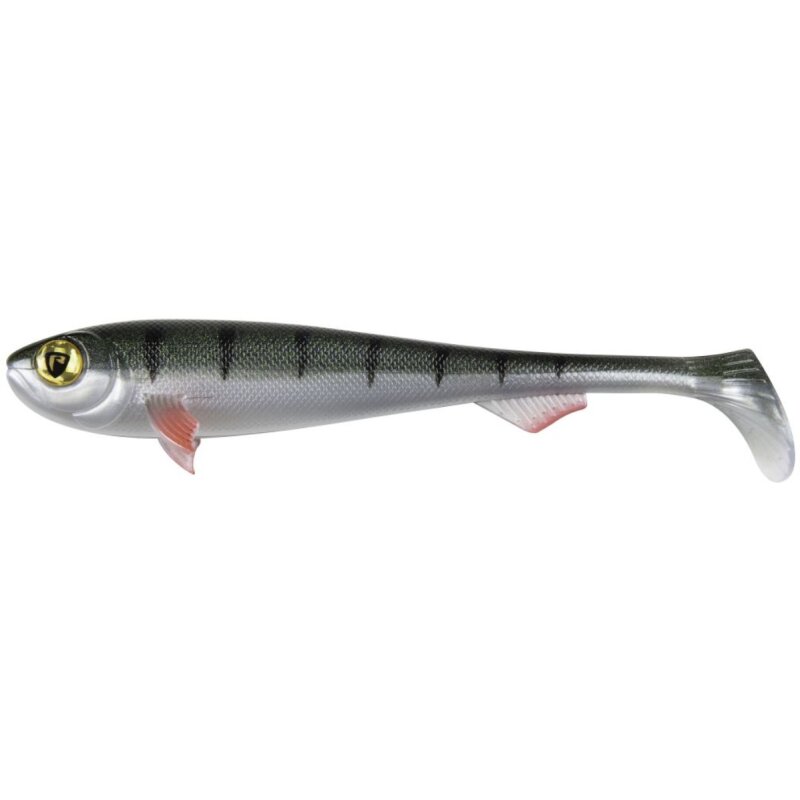 FOX RAGE Super Slick Shad 18cm UV Young Perch lure with realistic perch design, UV finish, and soft body for fishing. Pack of 2.