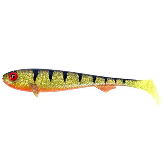 FOX RAGE Super Slick Shad 28cm UV Perch lure with vibrant yellow, black stripes, and red accents, ideal for predator fishing.