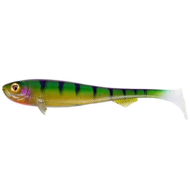 FOX RAGE Super Slick Shad 28cm UV Stickleback lure with vibrant green, yellow, and purple colors, designed for predator fishing.