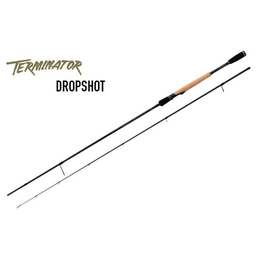 FOX RAGE Terminator Dropshot 2,4m 4-17g fishing rod with sleek black design, cork handle, and lightweight construction for precision jig fishing.