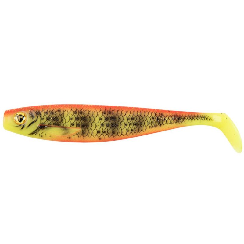 FOX RAGE Ultra UV Pro Shad 10cm UV Bright Perch lure featuring a lifelike fish design with vibrant orange, yellow, and black details for enhanced visibility.