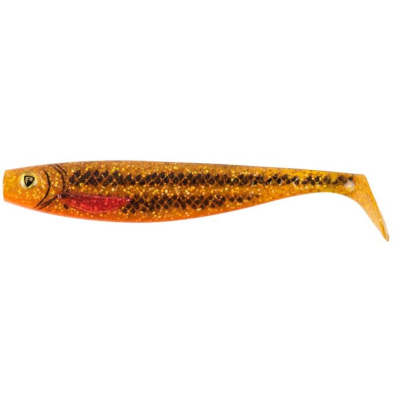 FOX RAGE Ultra UV Pro Shad 10cm UV Goldie fishing lure with a vibrant gold and orange design, featuring a paddle tail and realistic scale pattern.