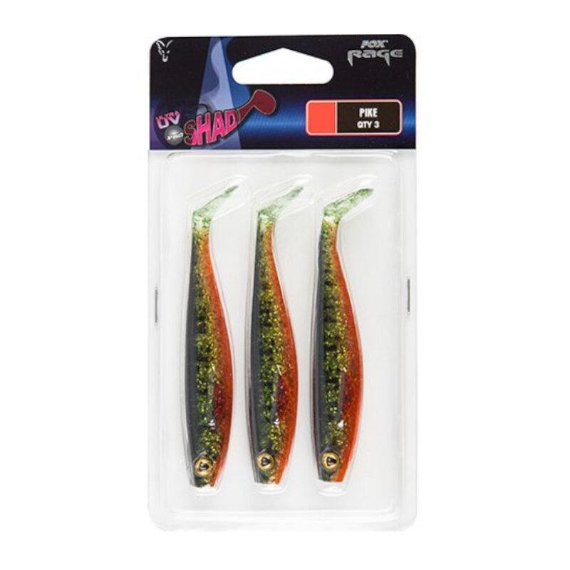 FOX RAGE Ultra UV Pro Shad 10cm UV Pike Pack 3Stk featuring three soft plastic lures with UV-enhanced colors, ideal for pike fishing.