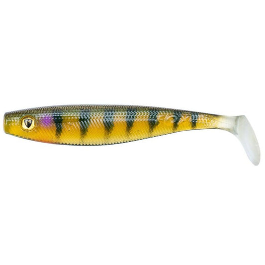 FOX RAGE Ultra UV Pro Shad 14cm UV Stickleback lure featuring a lifelike design with vibrant yellow and black striped patterns, ideal for predator fishing.