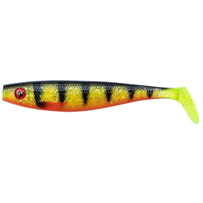 FOX RAGE Ultra UV Pro Shad 18cm UV Perch lure featuring a vibrant perch pattern with UV-enhanced colors and a paddle tail design for predator fishing.