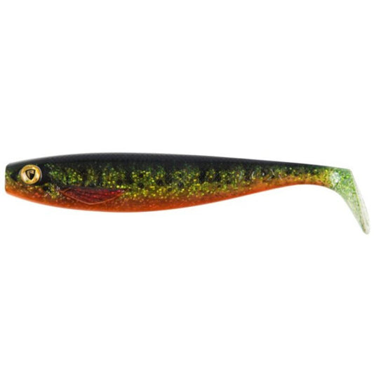 FOX RAGE Ultra UV Pro Shad 18cm UV Pike Pack lure with a lifelike design, green and orange gradient body, and glitter finish for predator fishing.