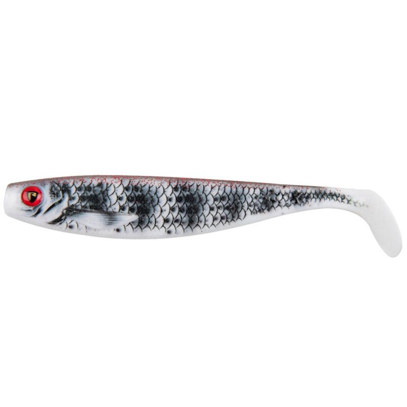 FOX RAGE Ultra UV Pro Shad 18cm UV Zebra lure featuring a lifelike fish design with red eyes, detailed scales, and a paddle tail for fishing.