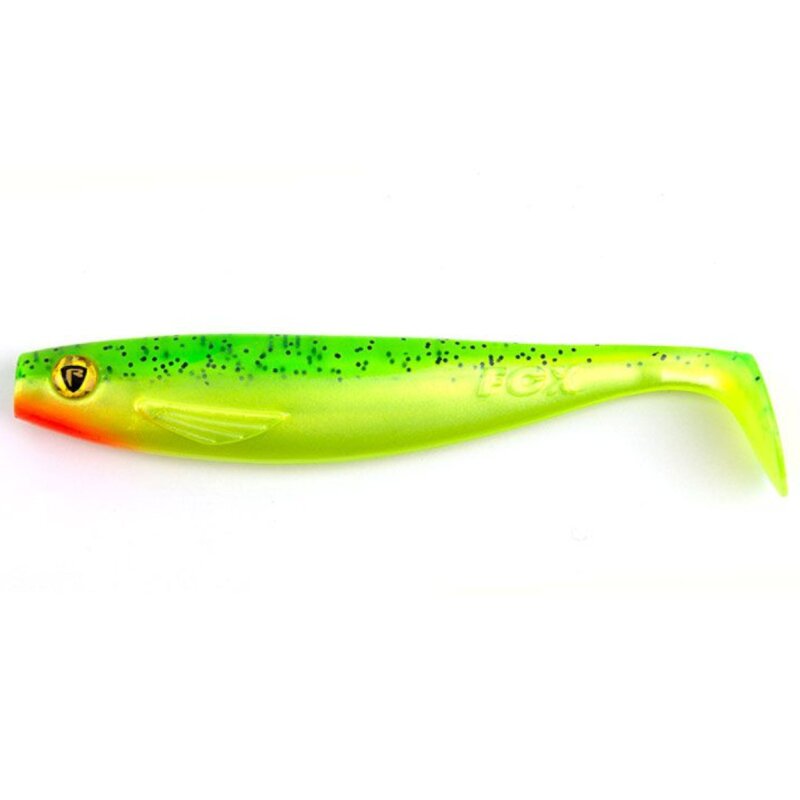 FOX RAGE Ultra UV Pro Shad 23cm UV Lemon Tiger fishing lure with vibrant green and yellow body, red head, and black speckles for predator fishing.