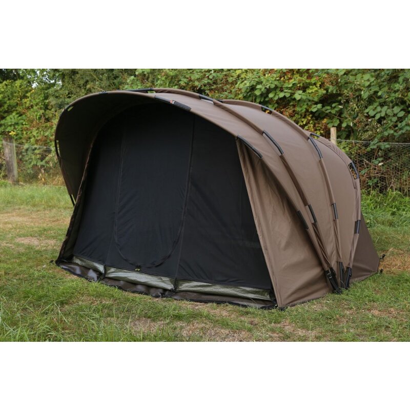 FOX Retreat+ 2 Person Inner Dome camping tent with durable brown fabric, black mesh door, and sturdy frame set up on grass.