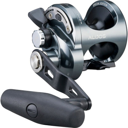 OKUMA Alijos 5 II Jigging 2 Speed RH fishing reel with ergonomic handle, sleek metallic finish, and durable construction for saltwater fishing.