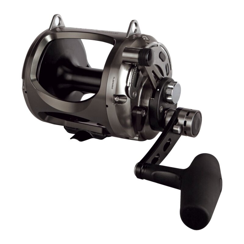 OKUMA Makaira Sea Two Speed Lever Drag 50WII fishing reel with ergonomic handle, durable metal frame, and precision drag system.