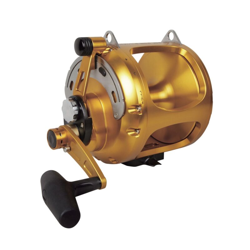 OKUMA Makaira Two Speed Lever Drag 80WII fishing reel in gold finish, featuring a durable frame, ergonomic handle, and precision drag system.