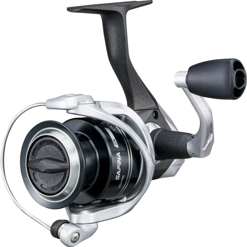 OKUMA Safina 2500 fishing reel with a sleek black and silver design, featuring a durable handle and smooth spool for efficient angling.