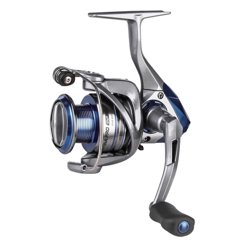 OKUMA Safina Pro 8000 fishing reel with a sleek silver and blue design, featuring a durable handle and smooth spool for optimal performance.