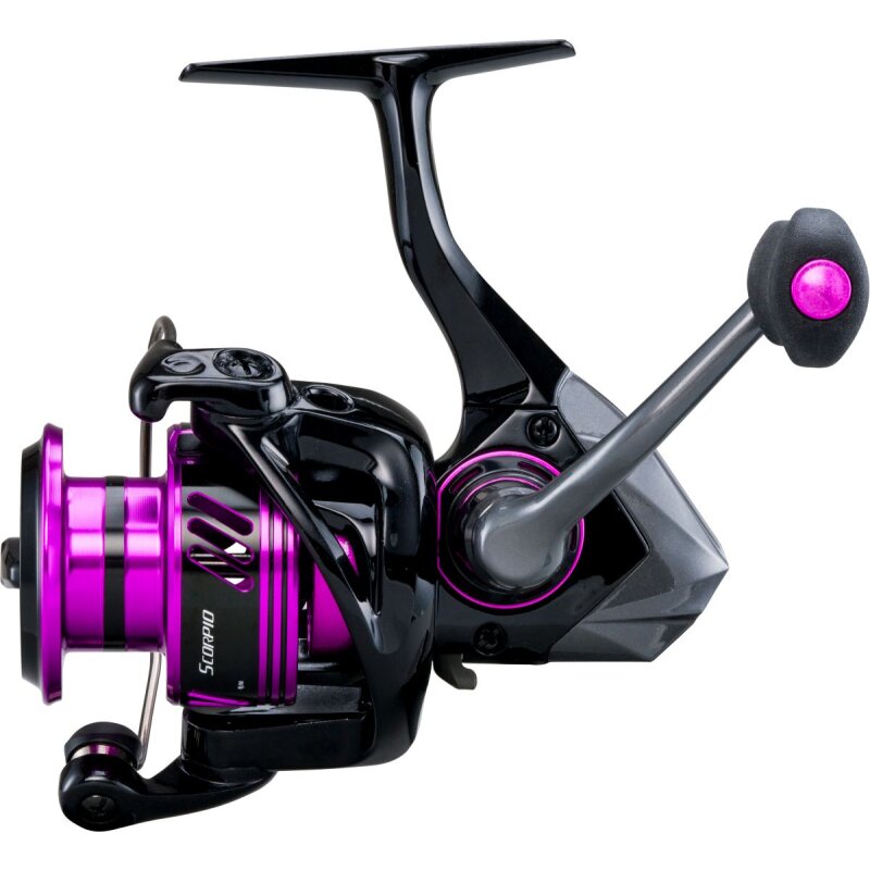 OKUMA Scorpio 1000S A fishing reel with a sleek black and purple design, ergonomic handle, and durable construction for freshwater fishing.