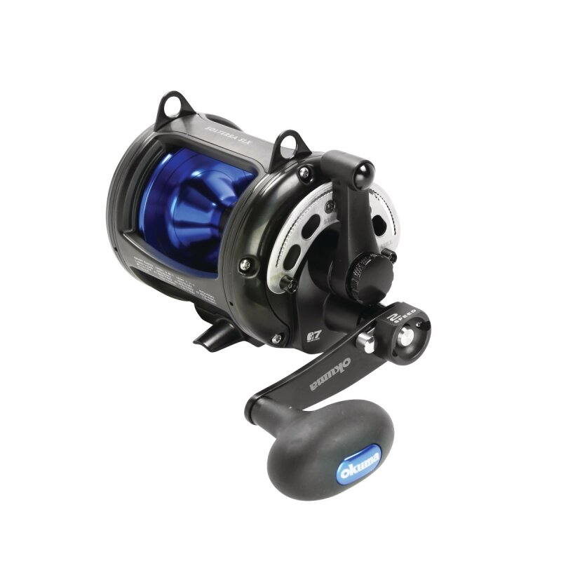 OKUMA Solterra B Trolling 2 Speed SLX-20IIB RH fishing reel with a durable black and blue design, ergonomic handle, and precision components for saltwater fishing.